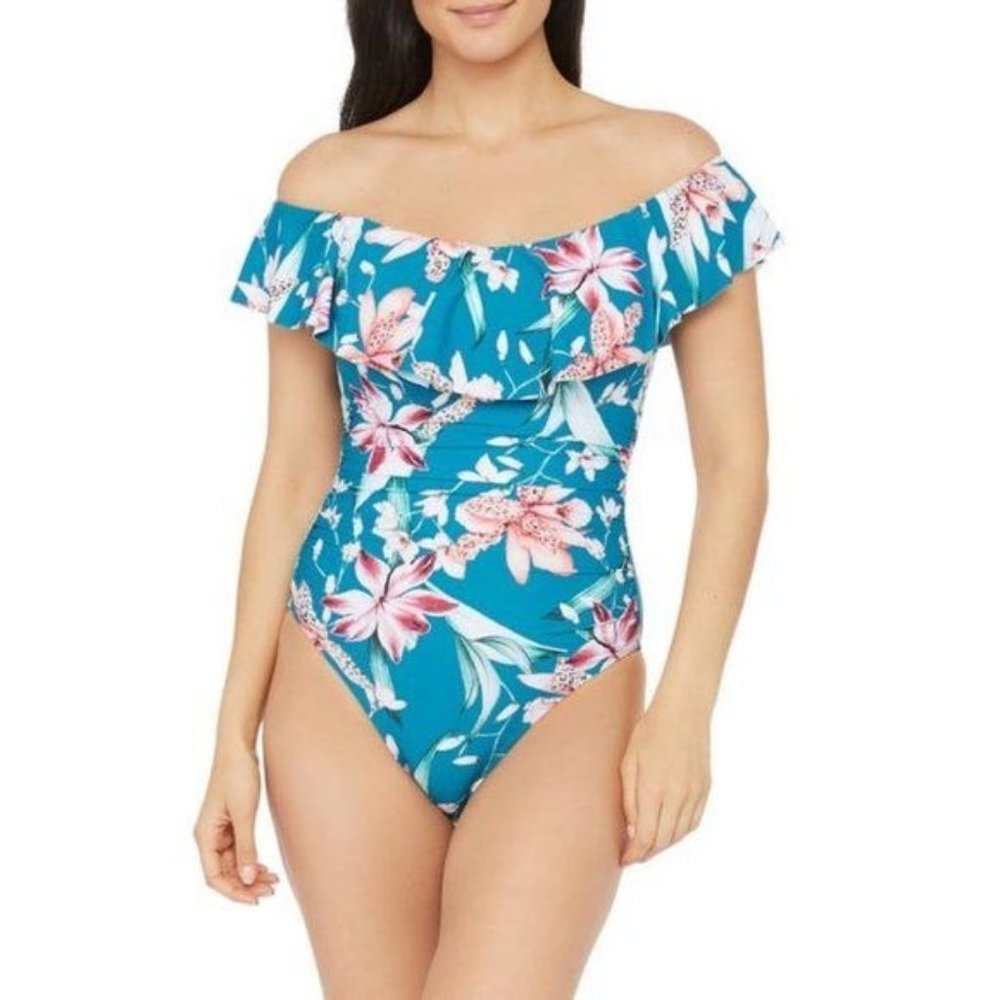 LA BLANCA Off Shoulder Flyaway Orchid Floral Print One Piece Swimsuit 10 NEW - Picture 1 of 7